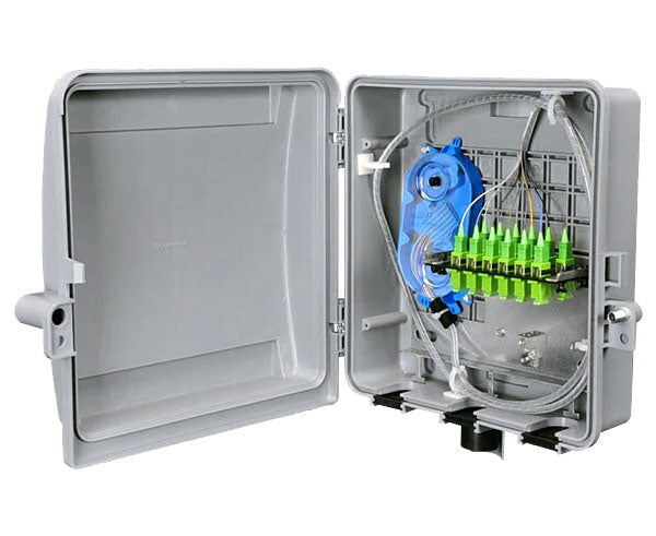 24 port non-captive entry wall mount fiber patch panel with open door.
