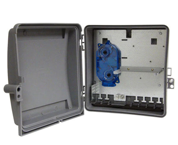 24 port wall mount fiber patch panel with one splice tray and open door.