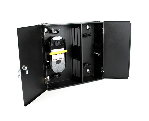 Double door wall mount fiber patch panel with 6 adapter plate capacity.