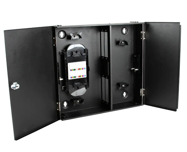Double door wall mount fiber patch panel with 4 adapter plate capacity.