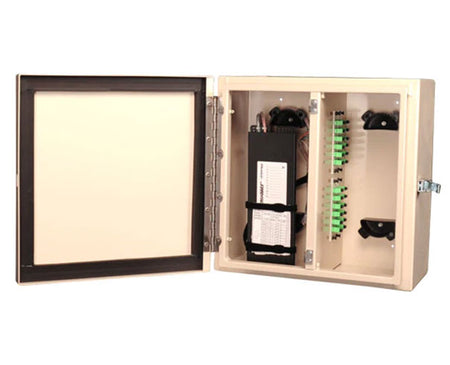96 Port NEMA 1 and 4 Rated Wall Mount Fiber Patch Panel with both doors open.