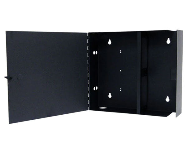 Single outer door wall mount fiber patch panel with open door.