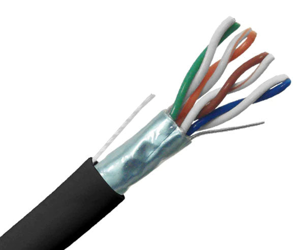 Shielded CAT5E plenum bulk ethernet cable with black jacket.