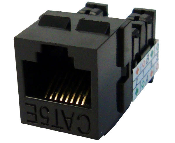 Black cat5e high-density u-style unshielded keystone jack.