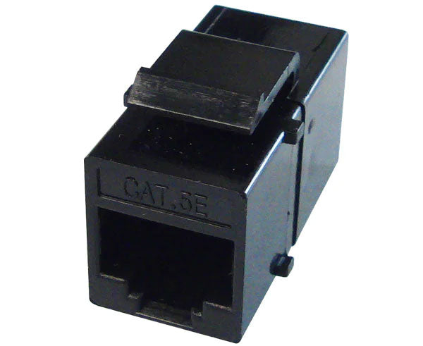 Black cat5e inline coupler with keystone latch.