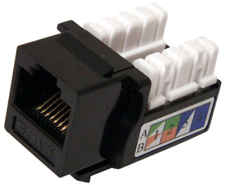 Black cat5e u-style unshielded keystone jack.