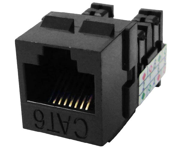 Black cat6 high-density u-style unshielded keystone jack.