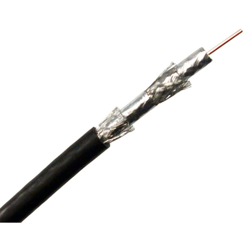 An 18 AWG RG6 coaxial cable with black jacket and quad shielding.