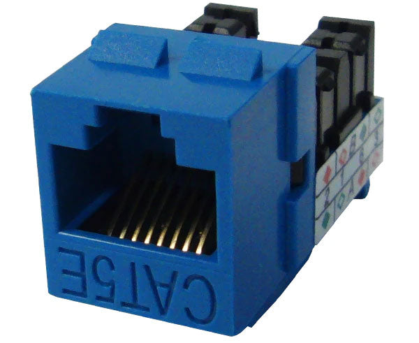 Blue cat5e high-density u-style unshielded keystone jack.