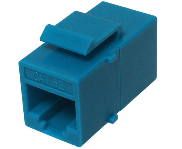 Blue cat5e inline coupler with keystone latch.