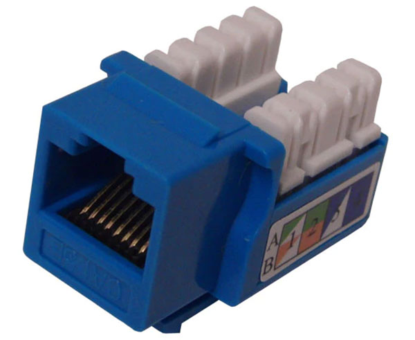 Blue cat5e u-style unshielded keystone jack.