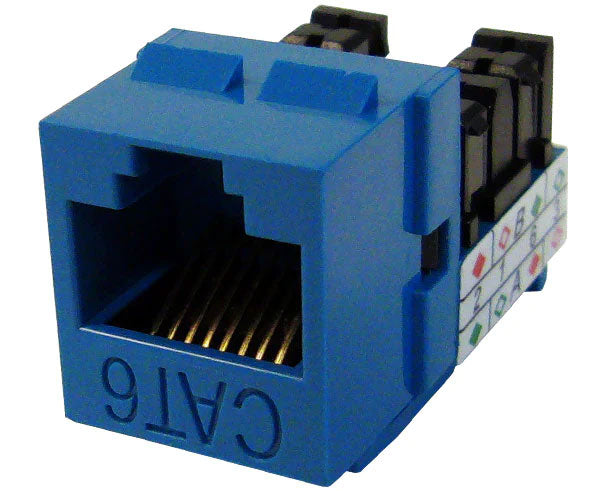 Blue cat6 high-density u-style unshielded keystone jack.