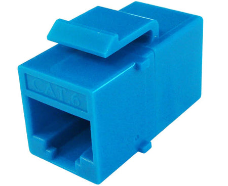 Blue cat6 inline coupler with keystone latch.