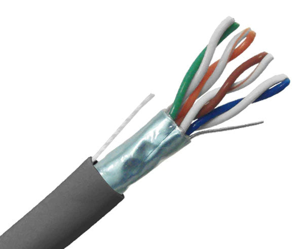 Shielded CAT5E plenum bulk ethernet cable with gray jacket.