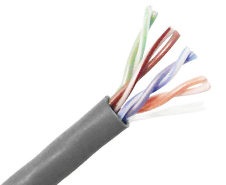 CAT5E plenum bulk ethernet cable with gray jacket.