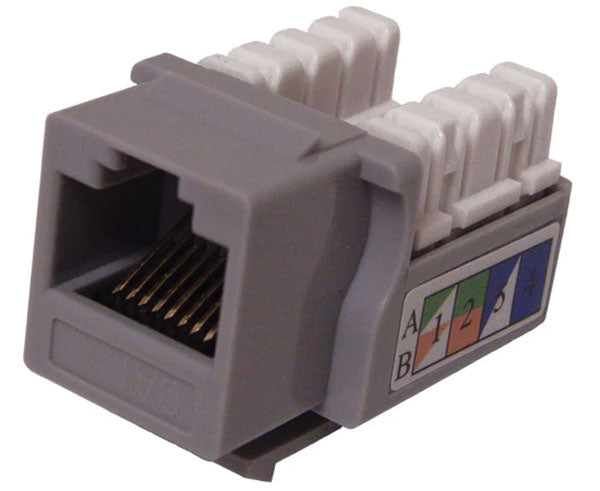 Gray cat5e u-style unshielded keystone jack.