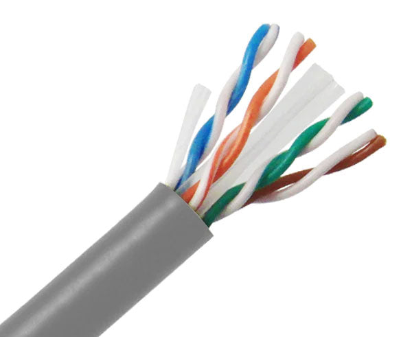 CAT6 24 AWG riser rated bulk ethernet cable with gray jacket.