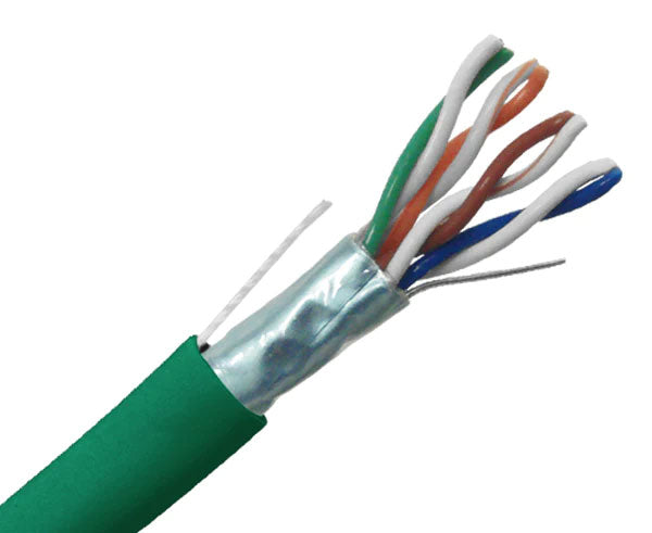 Shielded CAT5E plenum bulk ethernet cable with green jacket.