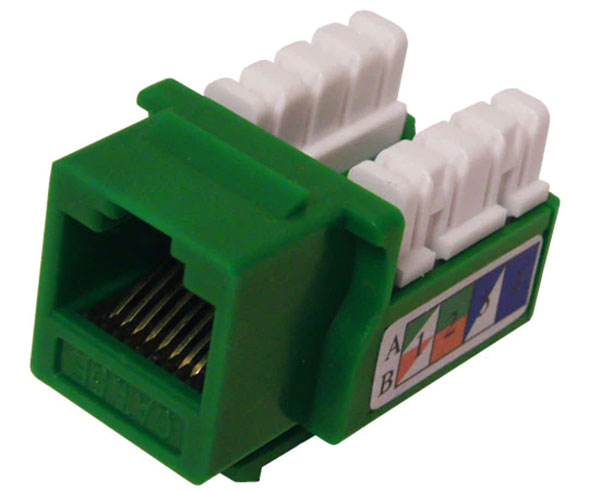 Green cat5e u-style unshielded keystone jack.