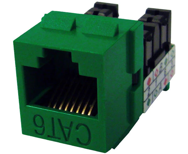 Green cat6 high-density u-style unshielded keystone jack.
