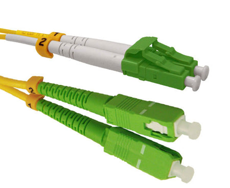 A duplex LC single-mode APC connector and a duplex SC APC connector with yellow fiber.