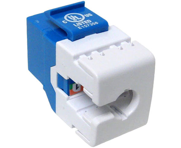 Blue cat6 high-density keystone jack with 180 degree contacts showing idc cap.