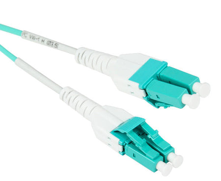 A pair of OM3 uniboot LC duplex connectors with aqua body.