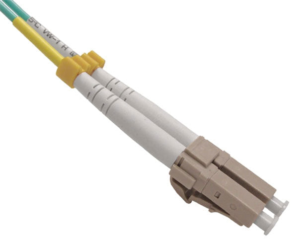 A single LC OM4 connectors with beige body and dust caps.
