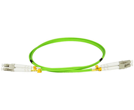 A coiled LC OM5 fiber patch cable with beige connectors and lime green fiber.