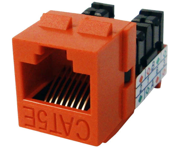 Orange cat5e high-density u-style unshielded keystone jack.