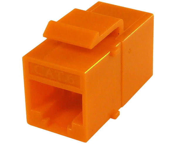 Orange cat6 inline coupler with keystone latch.