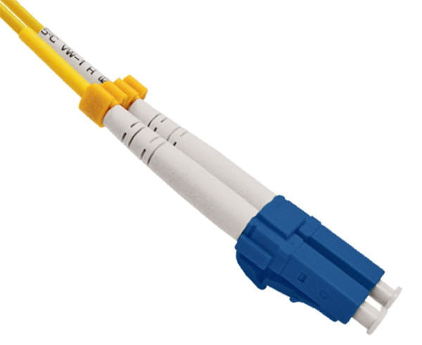 A pair of duplex LC UPC connectors with blue body and dust caps.