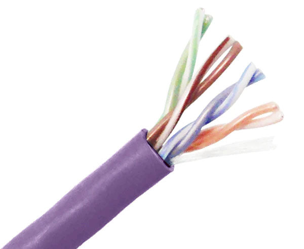 CAT5E plenum bulk ethernet cable with purple jacket.