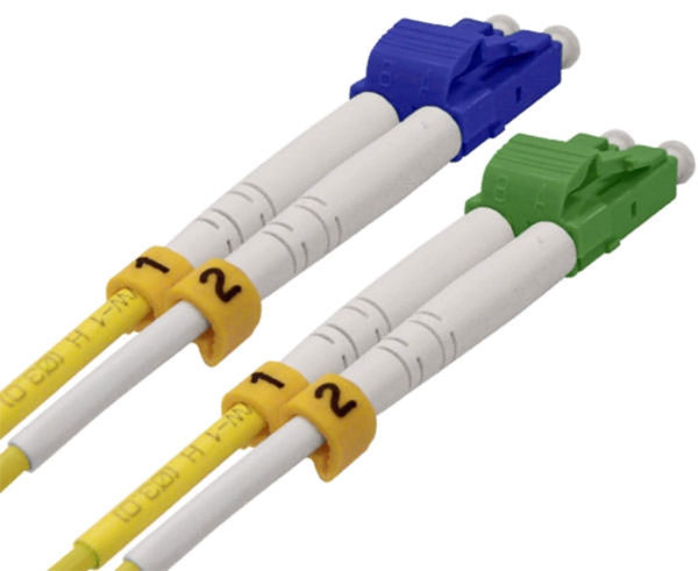 A pair of duplex LC APC connectors and a pair of LC UPC connectors with locking tabs.