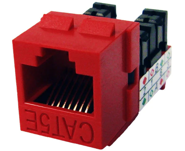 Red cat5e high-density u-style unshielded keystone jack.