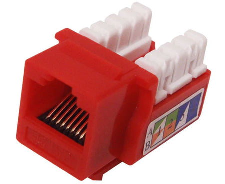 Red cat5e u-style unshielded keystone jack.