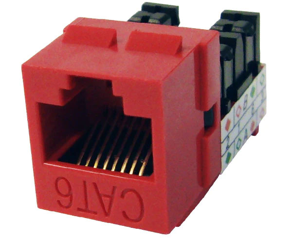 Red cat6 high-density u-style unshielded keystone jack.