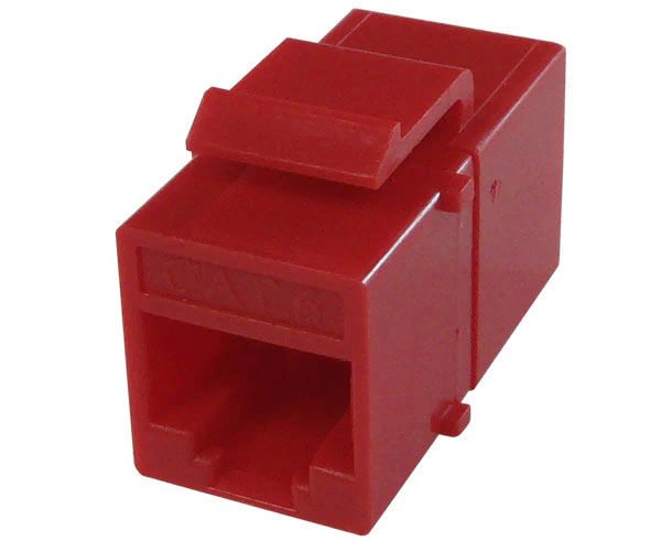 Red cat6 inline coupler with keystone latch.