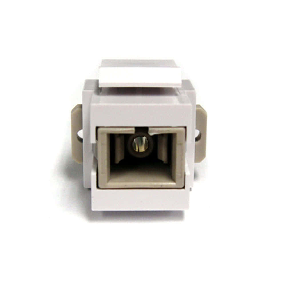 Front view of a white SC simplex fiber optic keystone jack