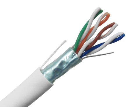 Shielded CAT5E plenum bulk ethernet cable with white jacket.