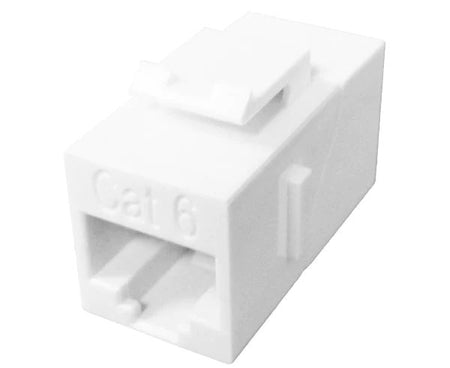 White cat6 inline coupler with keystone latch.