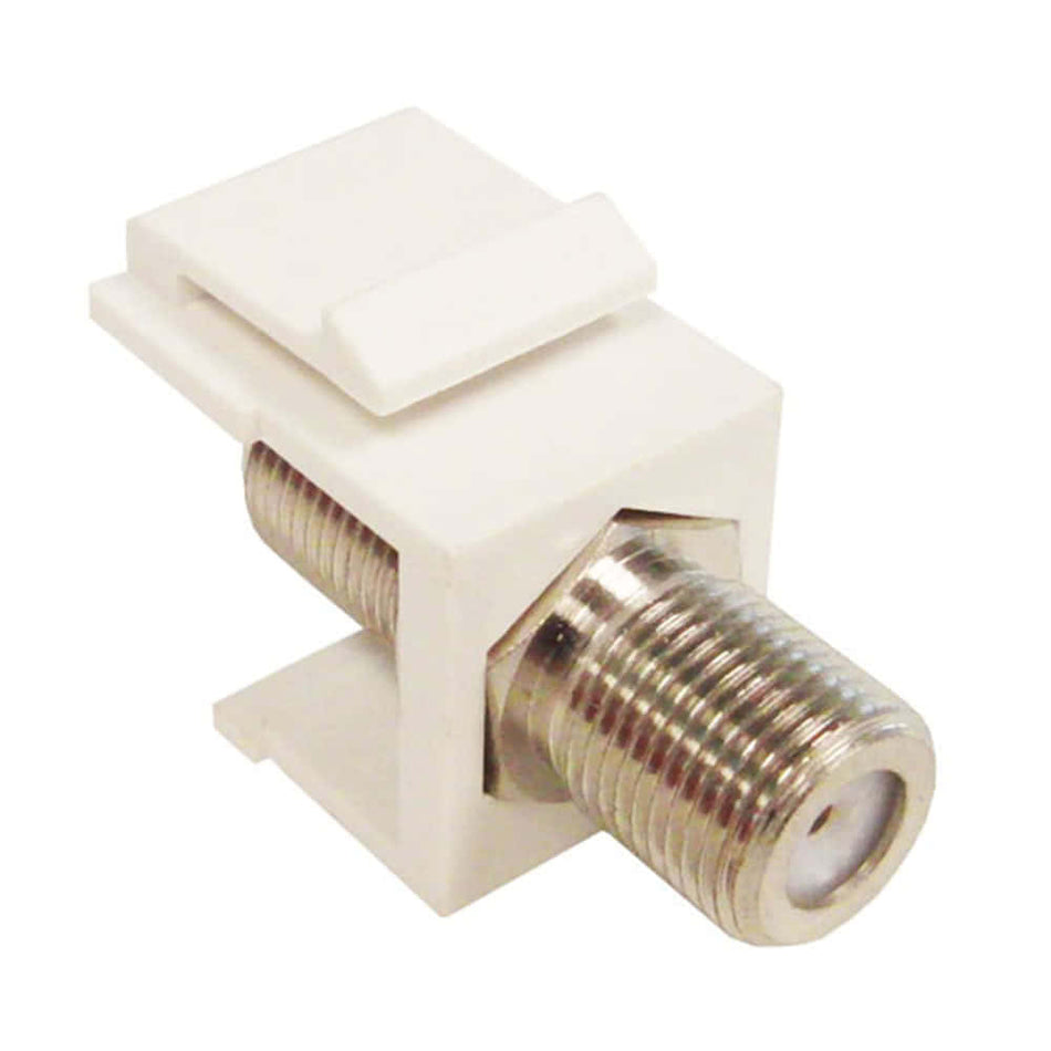 A white F-81 nickel plated coax keystone jack.