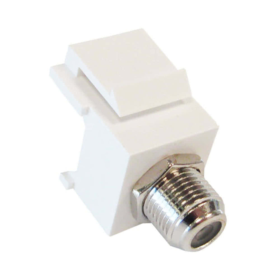 A white F-81 nickel plated high density coax keystone jack.