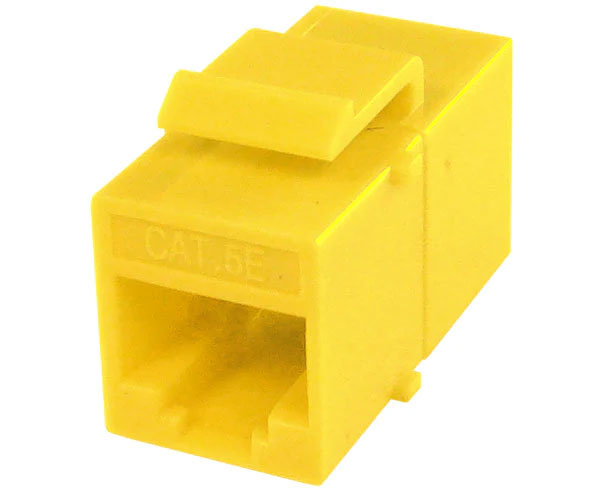 Yellow cat5e inline coupler with keystone latch.