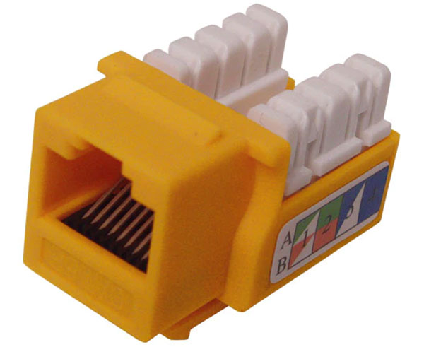 Yellow cat5e u-style unshielded keystone jack.