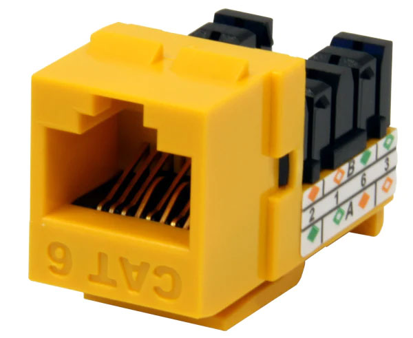Yellow cat6 high-density u-style unshielded keystone jack.