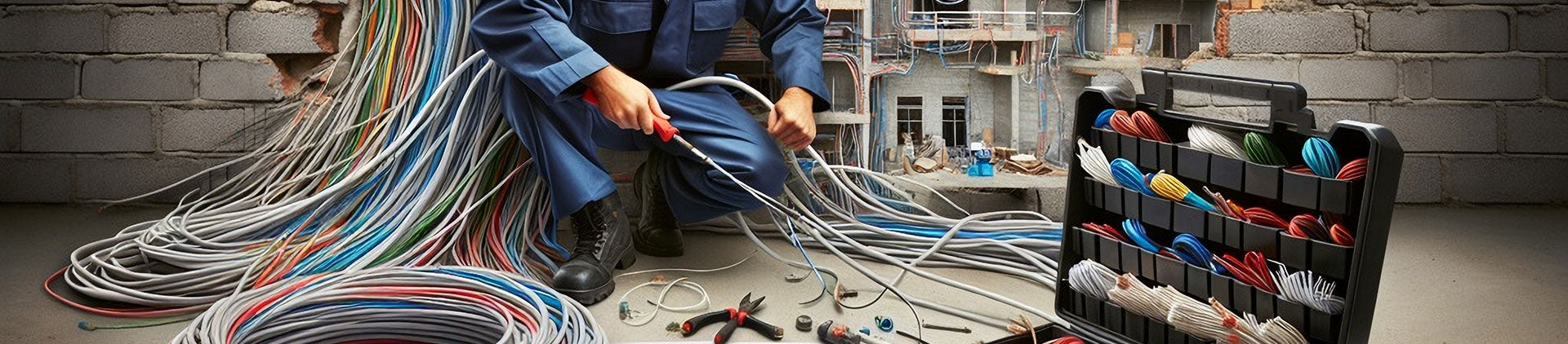 A technician working on a construction site, organizing and installing various colorful cables with precision. The image showcases neatly coiled wires and a well-equipped tool kit.