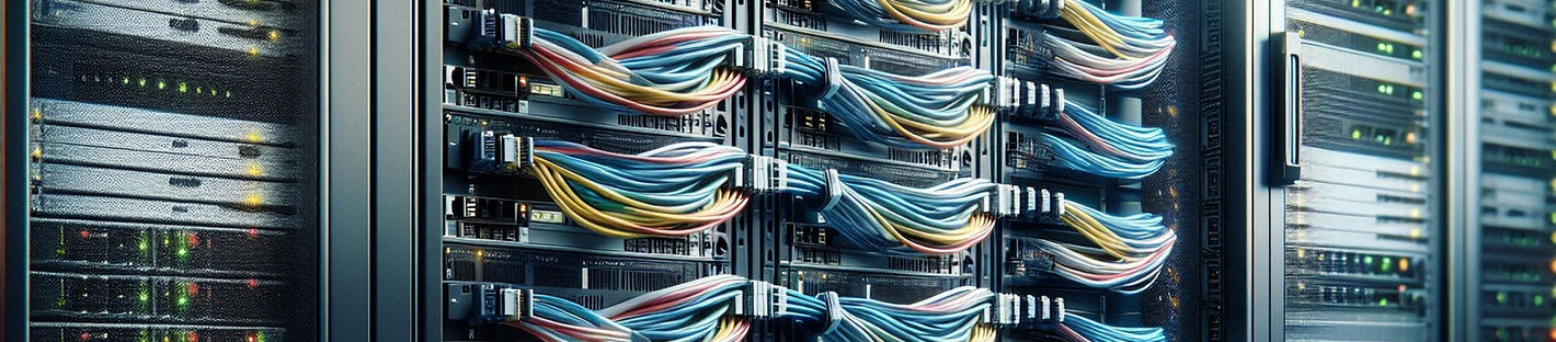 Close-up of multiple server racks in a data center, each filled with color-coded network cables neatly bundled and connected to the servers. 