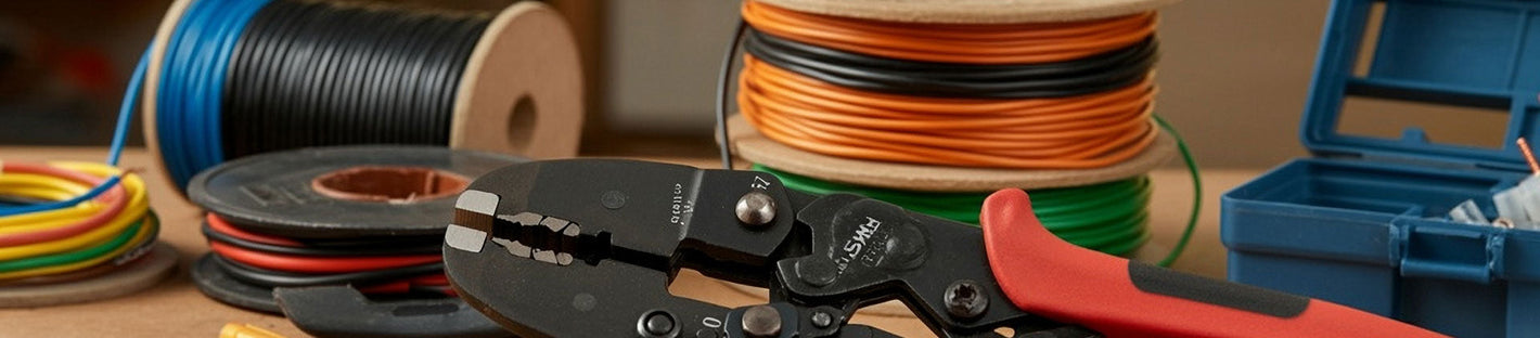 The image showcases a workspace featuring spools of colorful wires, including black, orange, green, and yellow, neatly arranged in the background.