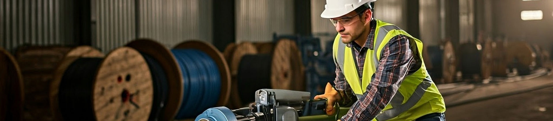 A worker in a safety vest and helmet operates a cable wire handling machine in an industrial warehouse, with large wooden cable spools visible in the background.